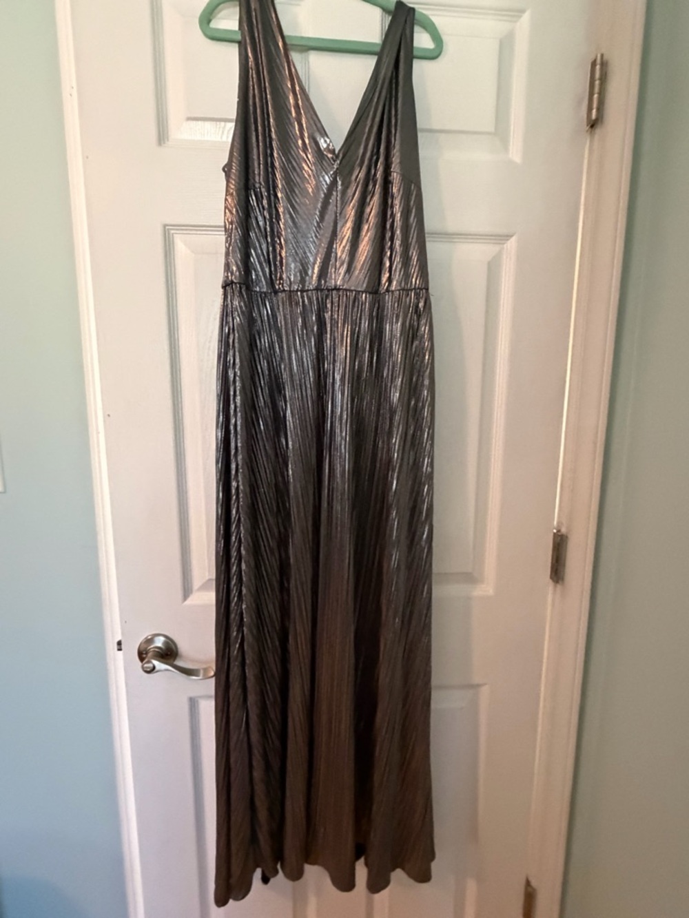Sleeveless Metallic Silver Maxi Dress with V-Neck